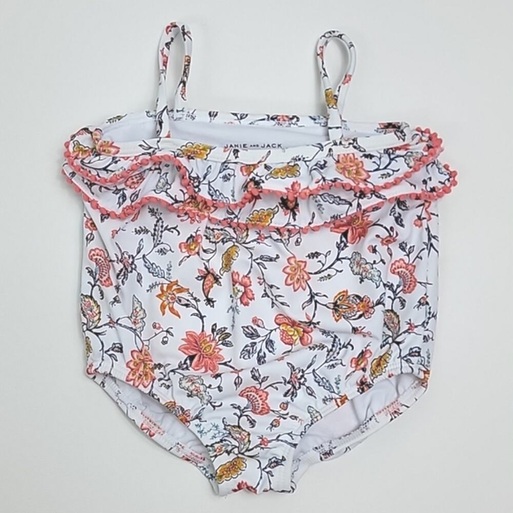 Janie and Jack Ruffled Floral Print White and Pink One Piece Swimsuit Baby 6-12M